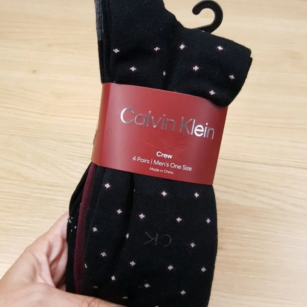 CALVIN KLEIN Crew Dress Socks Mens 4-Pack Black Argyle Micro Dot Solid Cotton